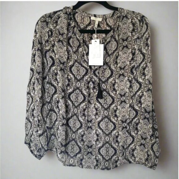 Joie Silk Shirt Womens Small Black V-Neck Long Sleeve Paisley Tassels Calla Top - Picture 1 of 7